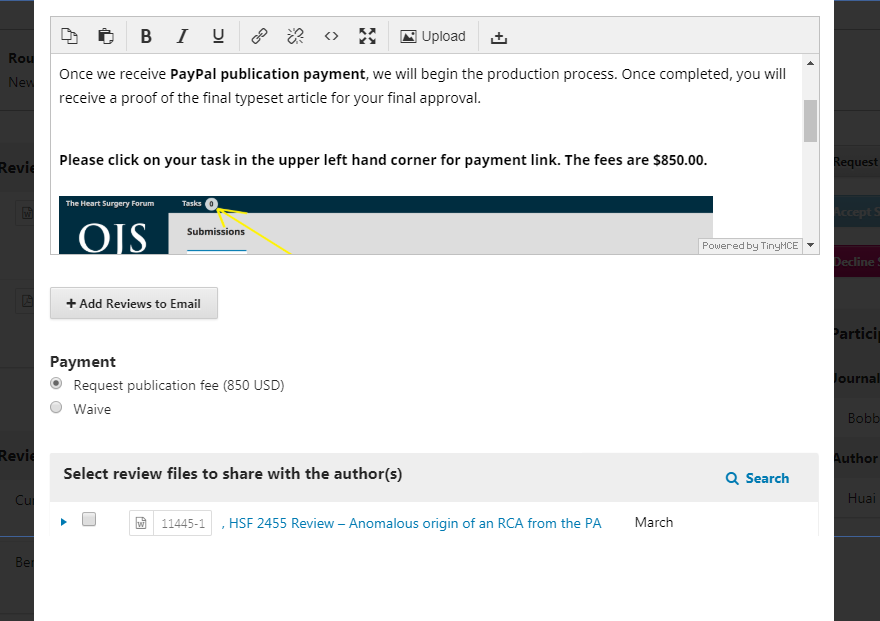 A sample notification to the author with the "Request publication fee" option enabled.