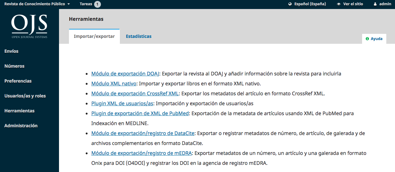 Captura de pantalla de Importar / Exportar Herramientas