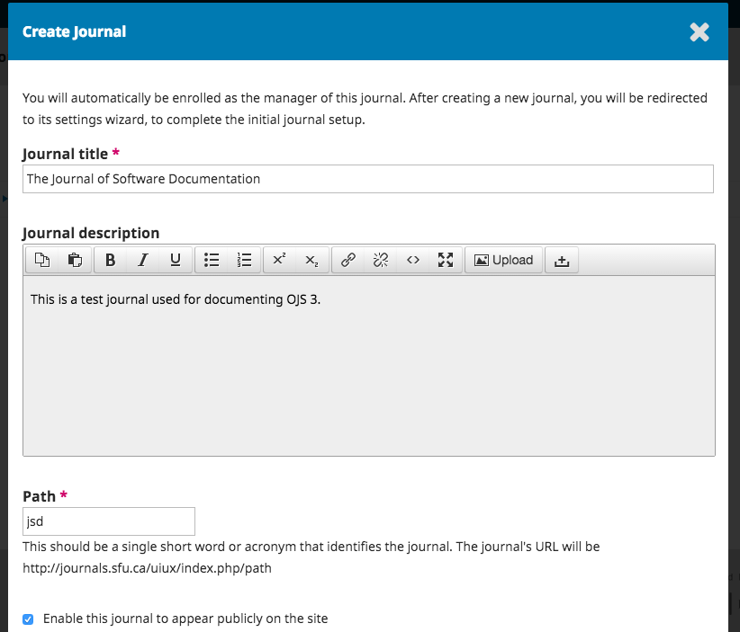 Create journal screen with title, description and path fields available to fill out.