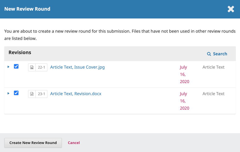 File selection options for a newly created review round.