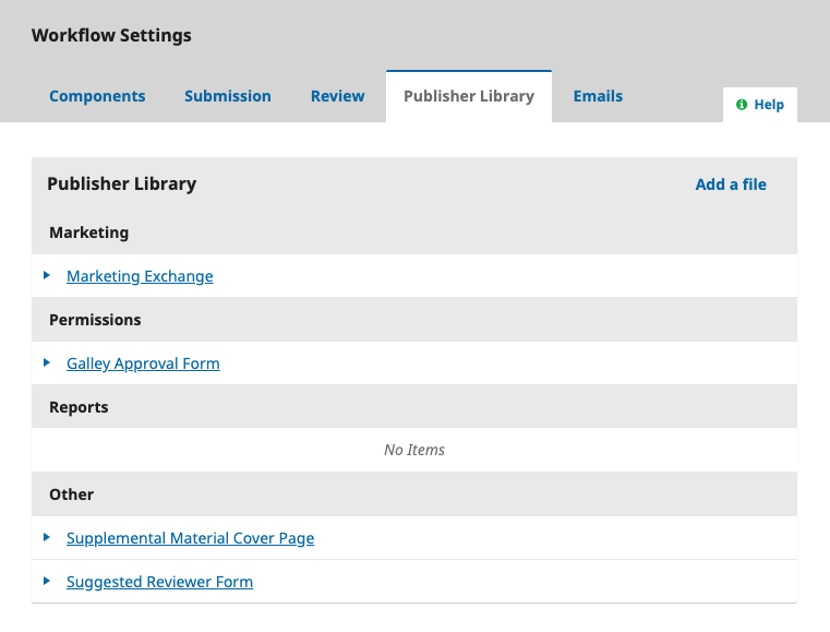 OJS 3.2 publisher library menu.
