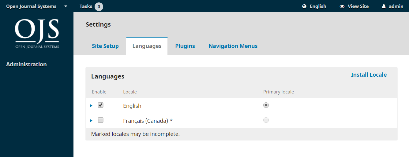 OJS admin menu with languages tab selected.