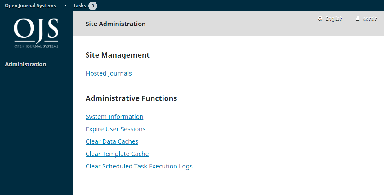 OJS site admin main menu with 2 options: site management and administrative functions.