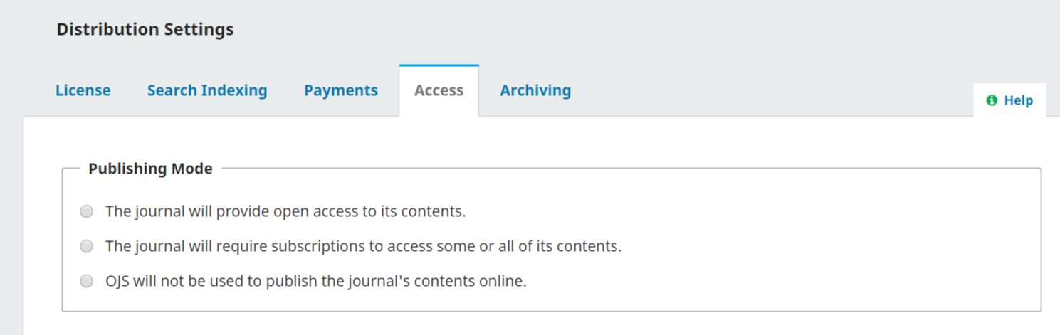 Distribution settings access tab showing publishing mode options.