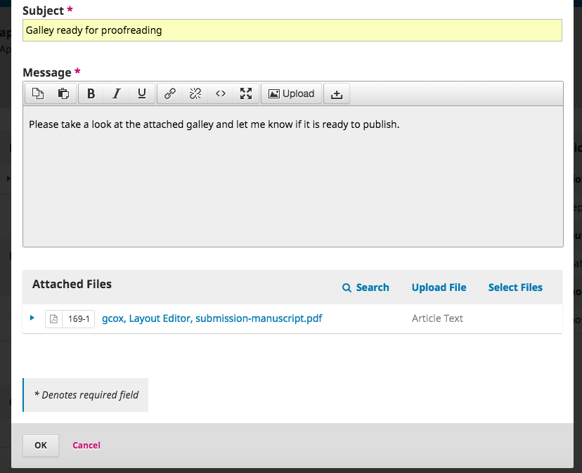 Discussion box showing the uploaded galley file as attachment.