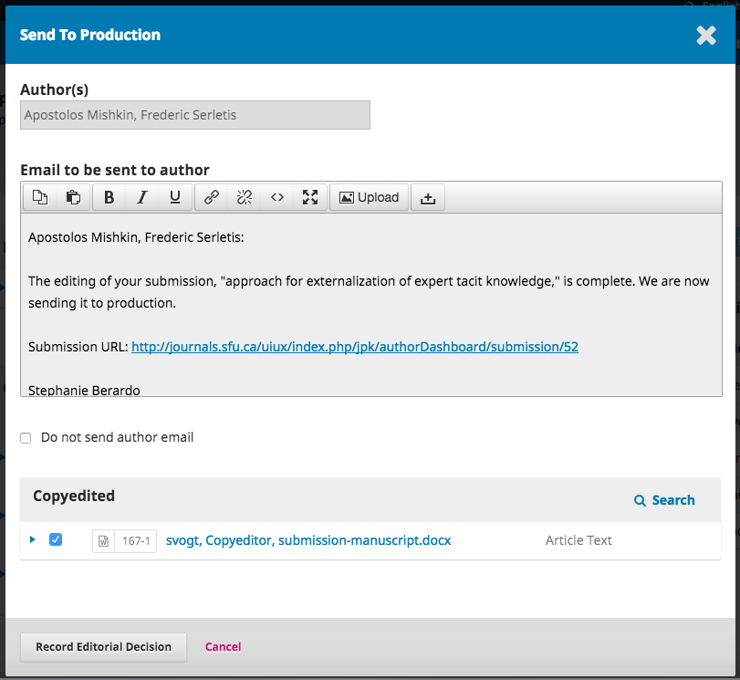 The Send to Production window with notification to the author.