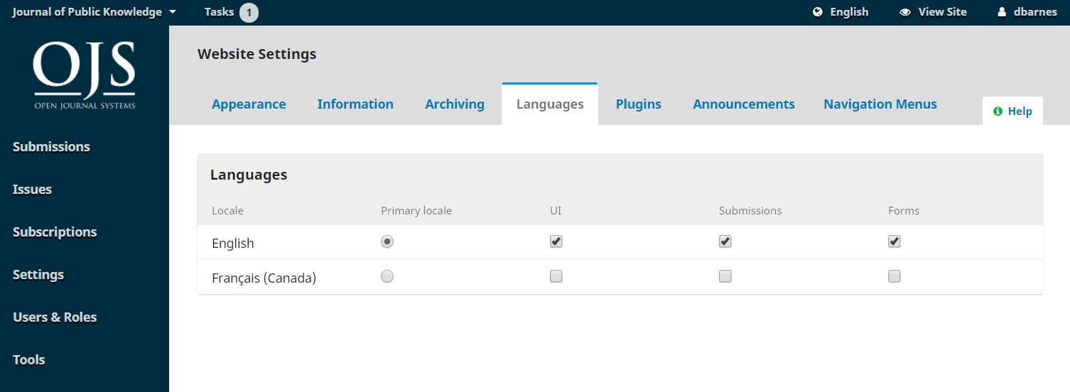 OJS dashboard view of Languages menu with English and French options, English option selected as primary locale.
