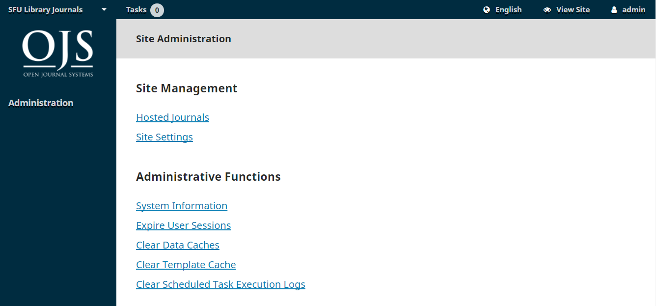 OJS site admin main menu with 2 options: site management and administrative functions.