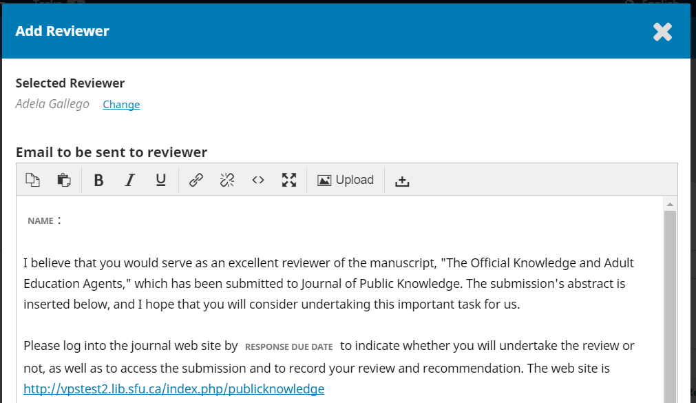 The Add Reviewer screen with email notification template.