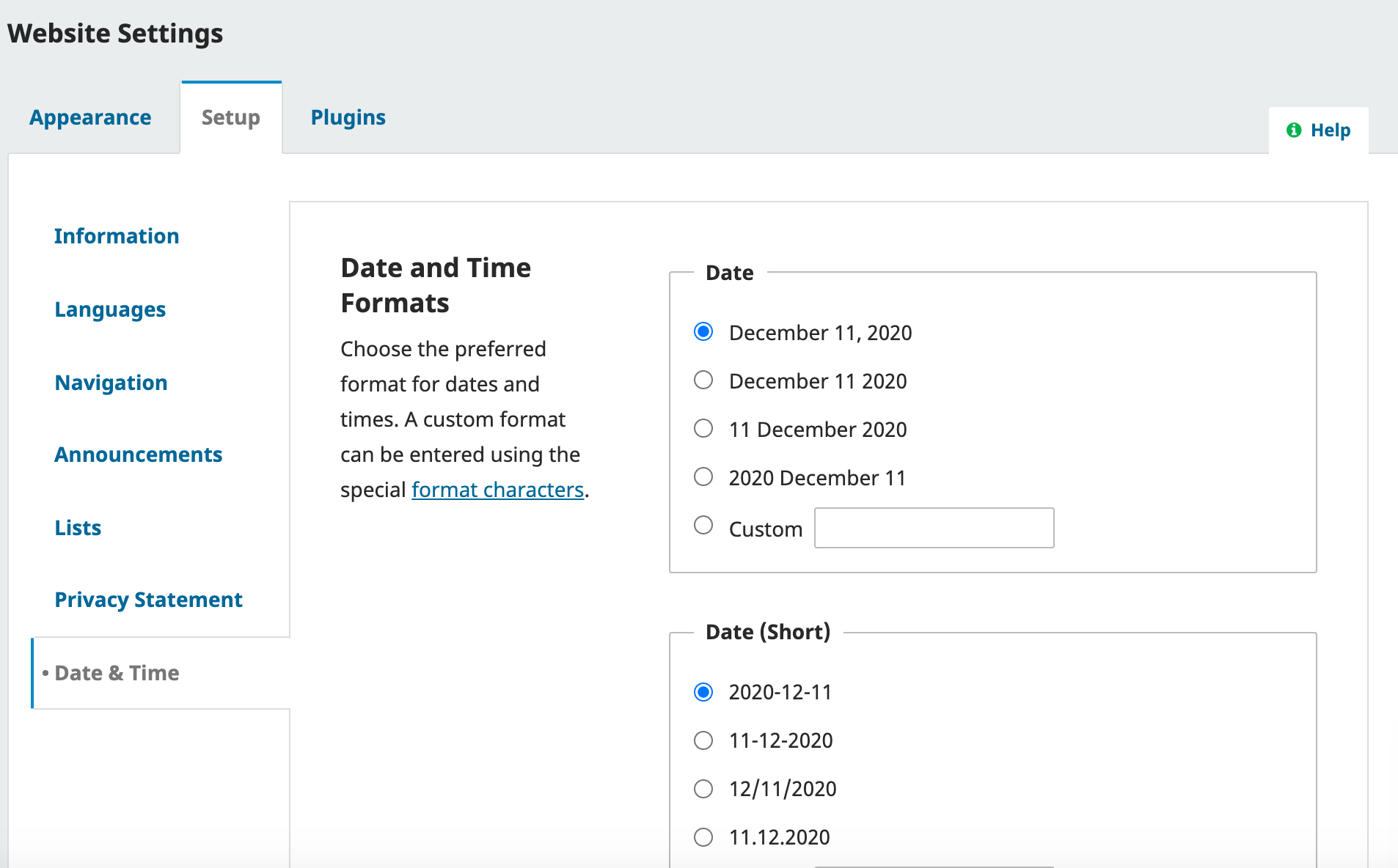 OJS 3.3 Date and Time menu with an option to select long and short date formats.