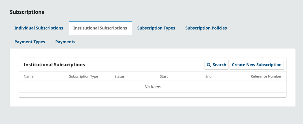 The Institutional Subscriptions tab in the Subscriptions menu.