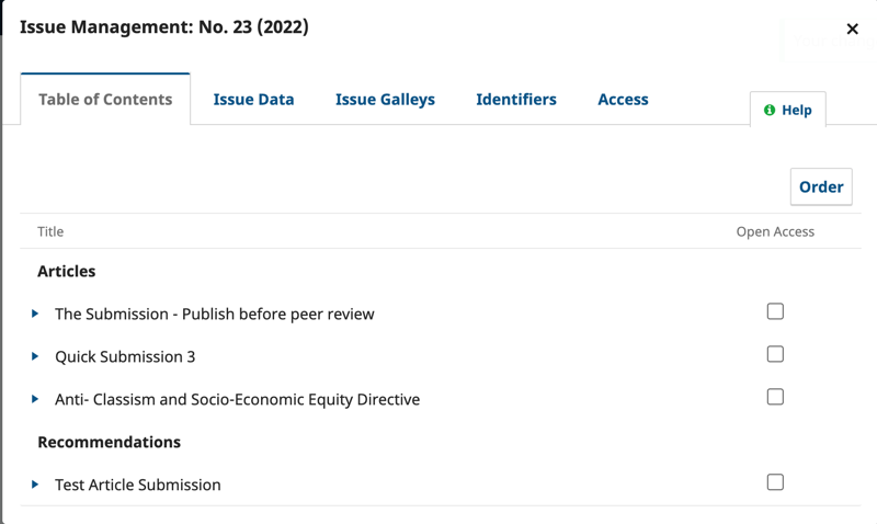 The Open Access checkbox located beside an article in the Table of Contents.