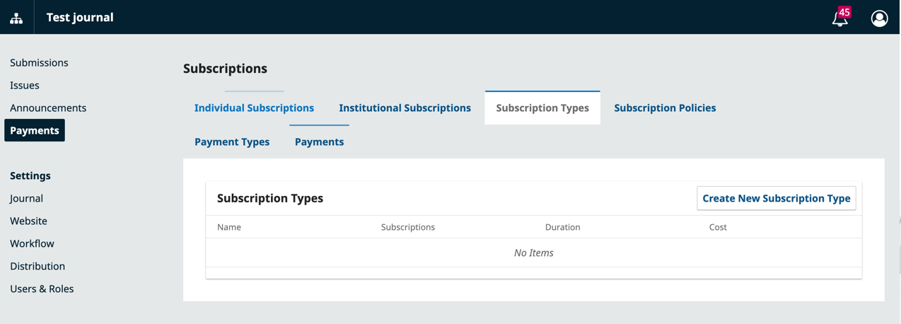 The Subscription Types tab in the Subscriptions menu