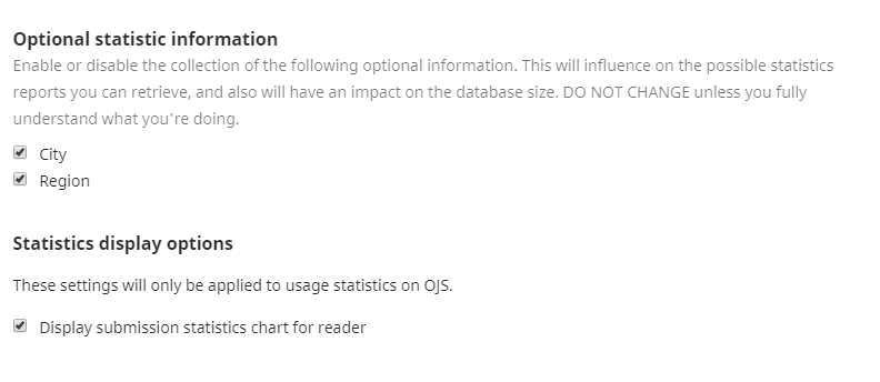 The optional statistic checkboxes where users can enable/disable city or regional data collection, and enable the statistics viewable to readers.