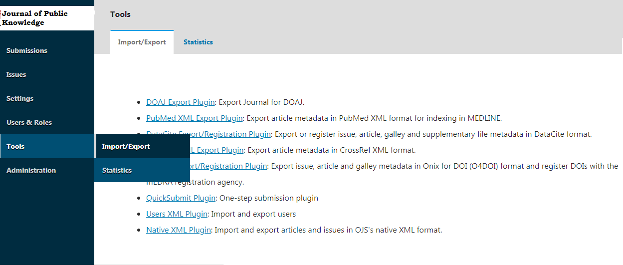 Ferramentas opções de menu lateral com importação/exportação selecionada.