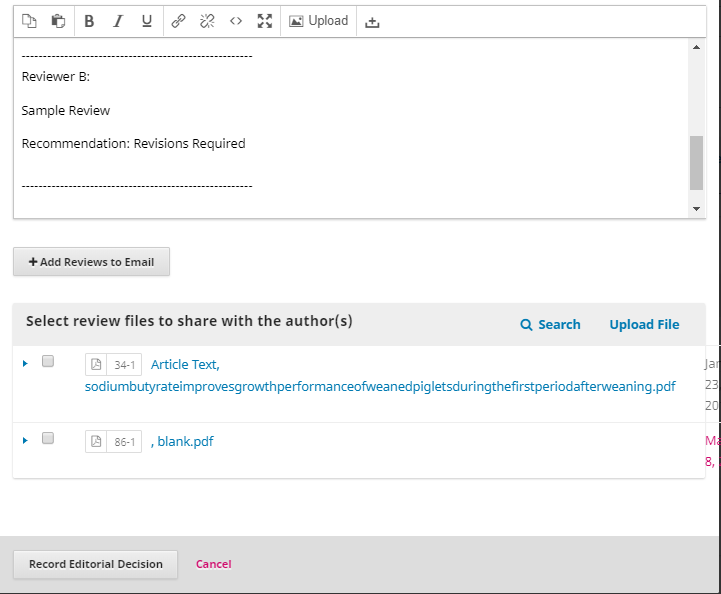 Um exemplo de solicitação para revisões com comentários e opções importados para compartilhar arquivos.