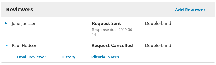 Uma solicitação de revisão de amostra marcada "Solicitação cancelada".