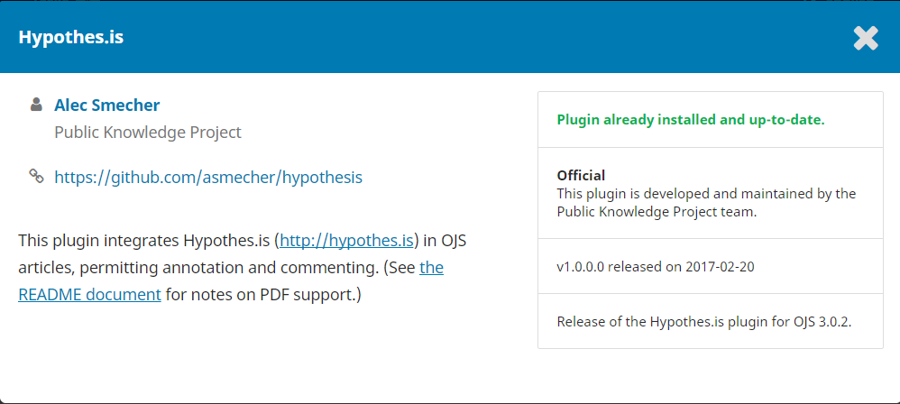 O plugin Hypothes.is selecionado na galeria de plugins mostra que está instalado e atualizado.