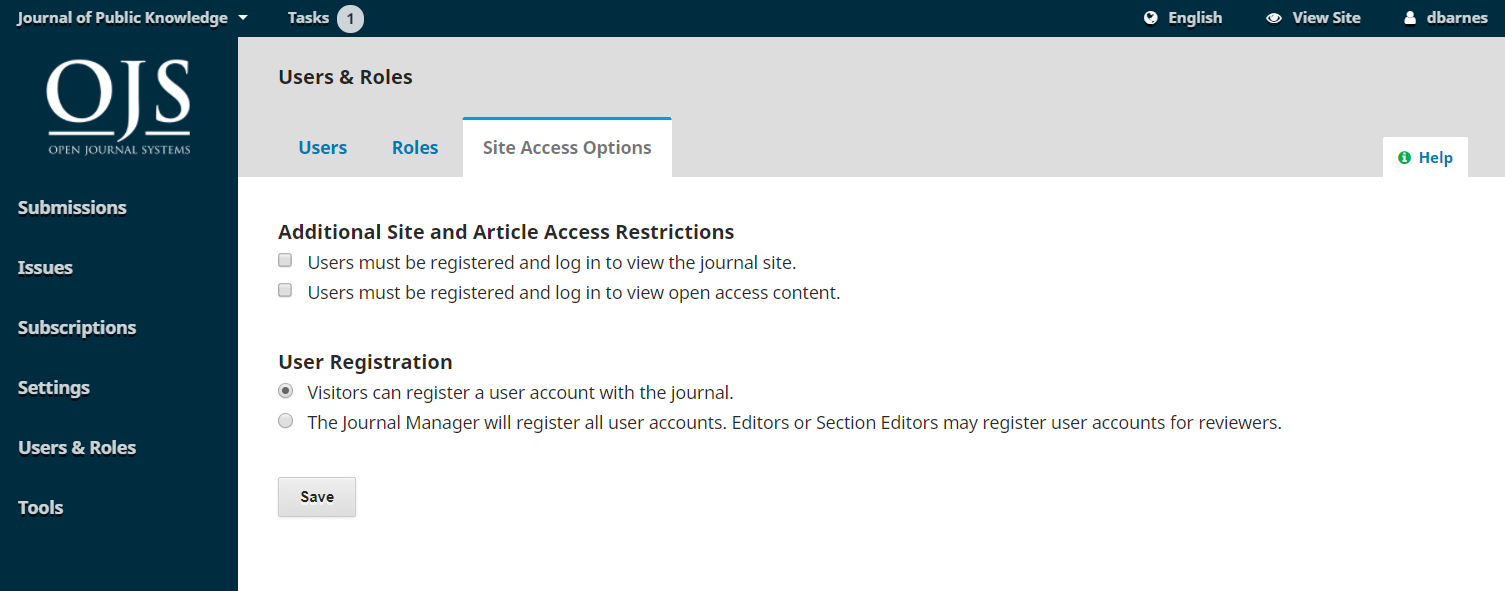 Aba opções de acesso ao site em Usuários e Papéis