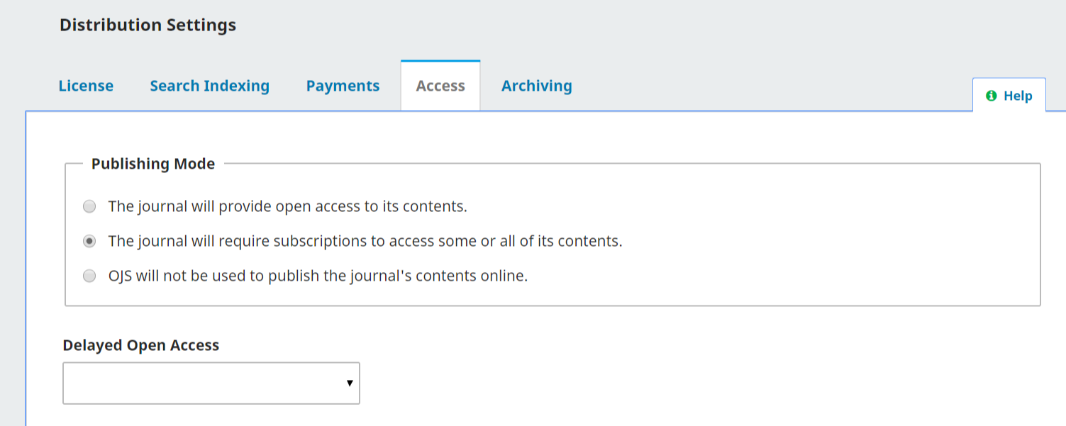 Guia de acesso às configurações de distribuição mostrando o modo de publicação e as opções de acesso aberto atrasado.