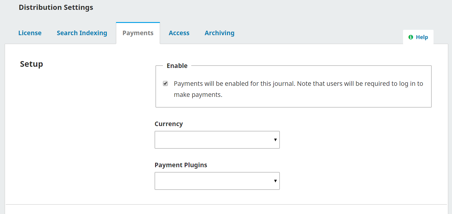 Aba de pagamentos de configurações de distribuição mostrando opções de pagamentos, moeda e plugins de pagamento.