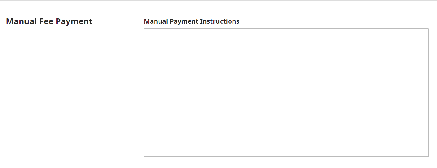 Tela de pagamento manual de taxas mostrando o campo de instruções de pagamento manual.