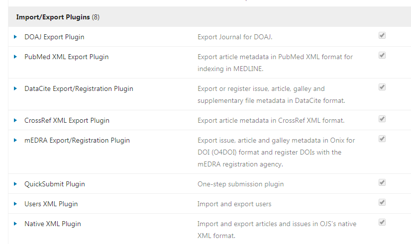 List of Import/Export plugins from the Installed Plugin tab in Website settings.