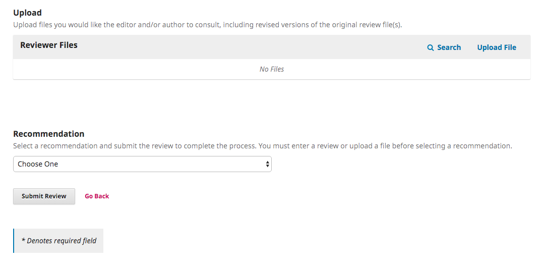 The upload reviewer files and review recommendation drop down