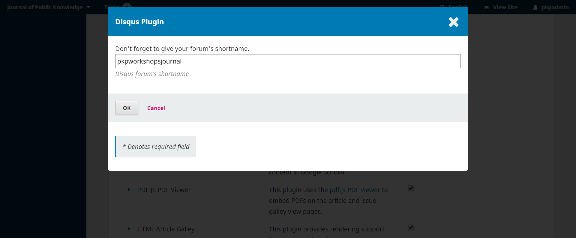 OJS Disqus plugin settings menu with an option to enter a forum's shortname.