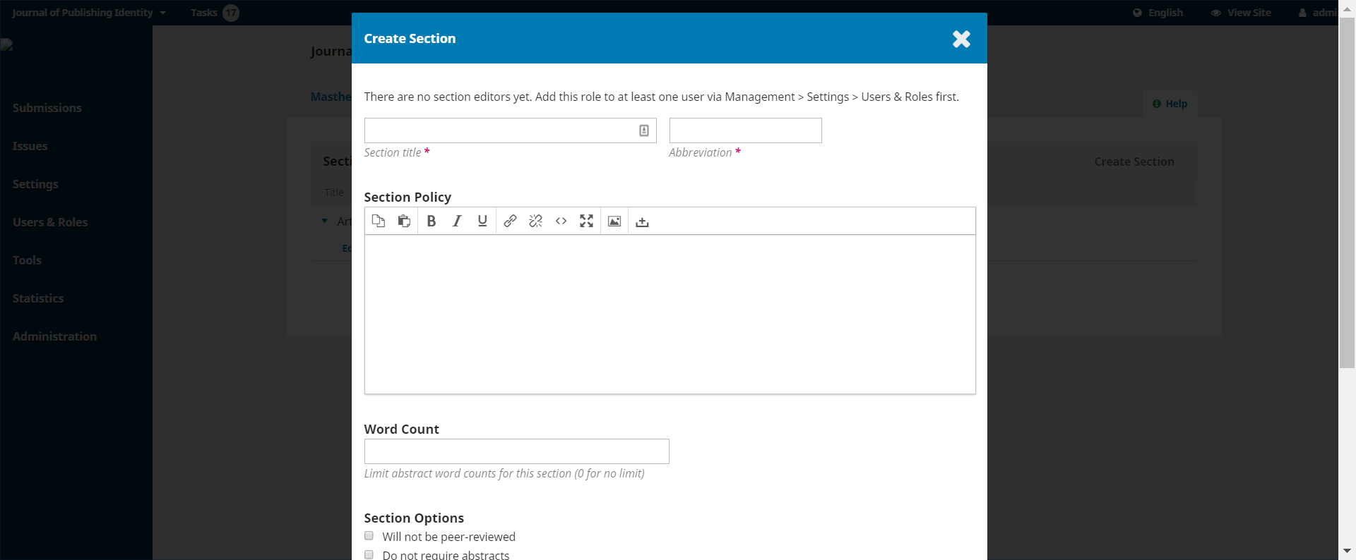 A new window for entering section information in text fields and selecting section options.