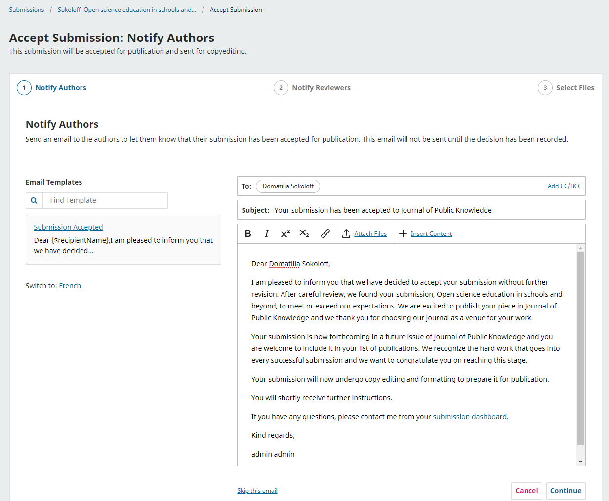 Accept submission author notification screen.