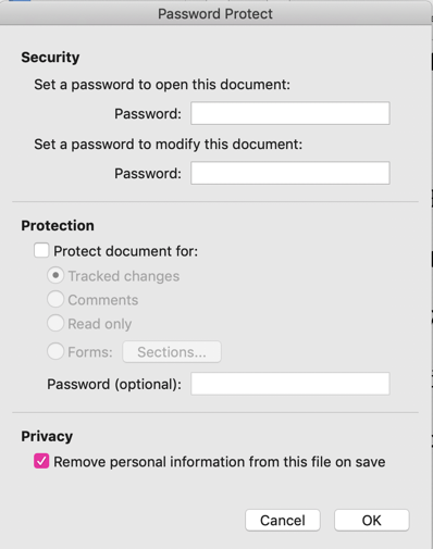 The "Remove personal information from this file on save" option in Mac OS.