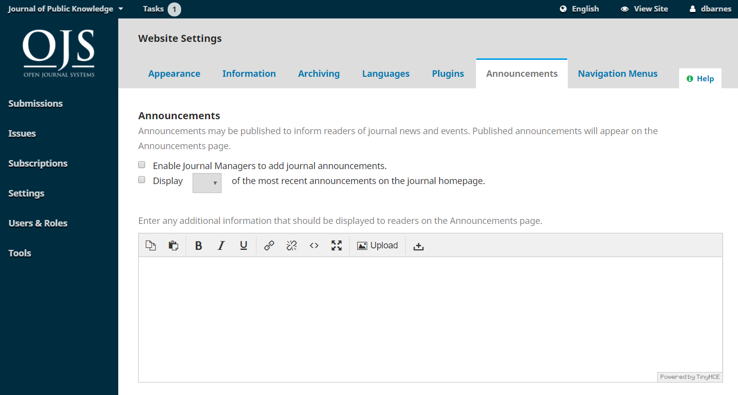 OJS dashboard view of Announcements menu with an option to enable and display announcements.