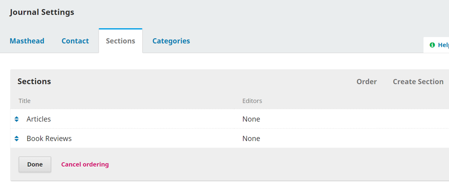 A list of available sections from top to bottom of page in OJS dashboard.