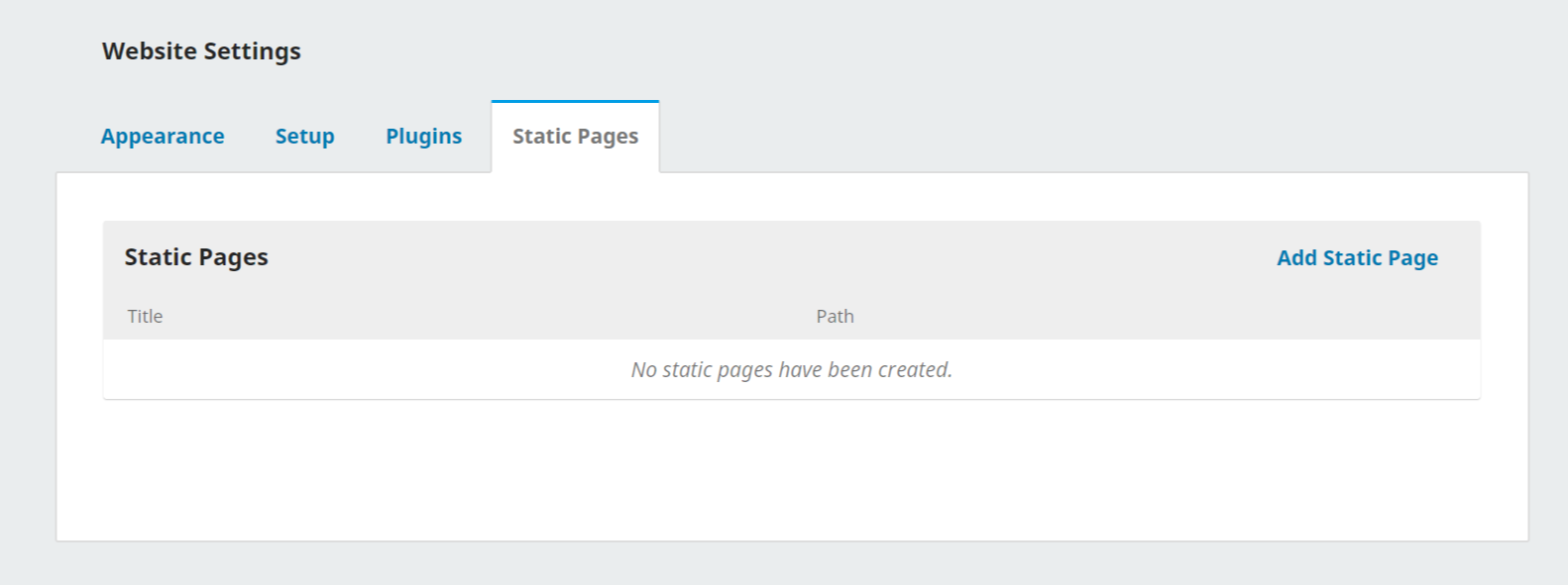 Static Pages tab in the Website Settings menu.