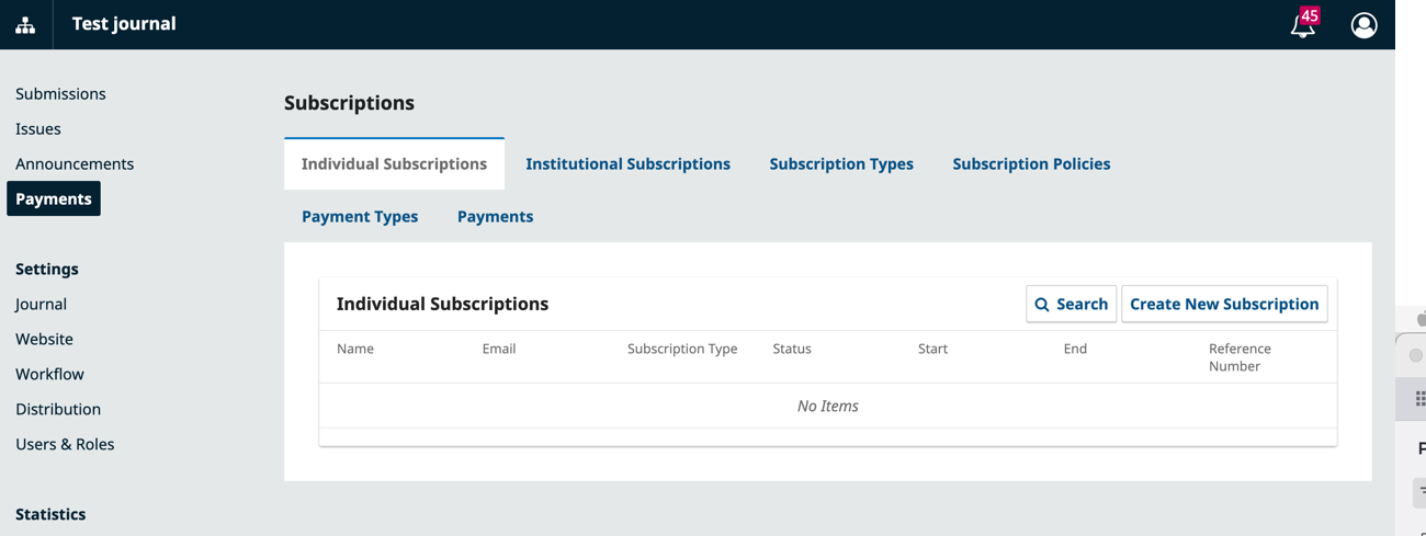 The Individual Subscriptions tab in the Subscriptions menu.