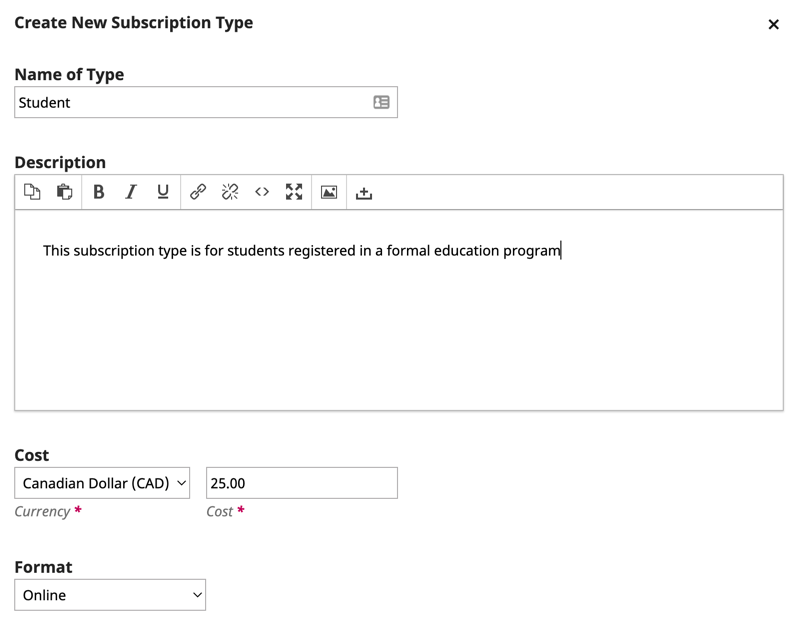 The Create New Subscription Type window.