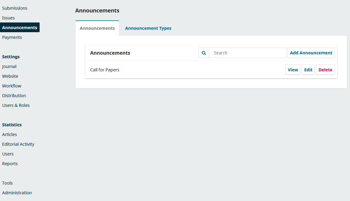 OJS 3.3 Announcements menu enabled in the sidebar with an option to add and edit announcements.
