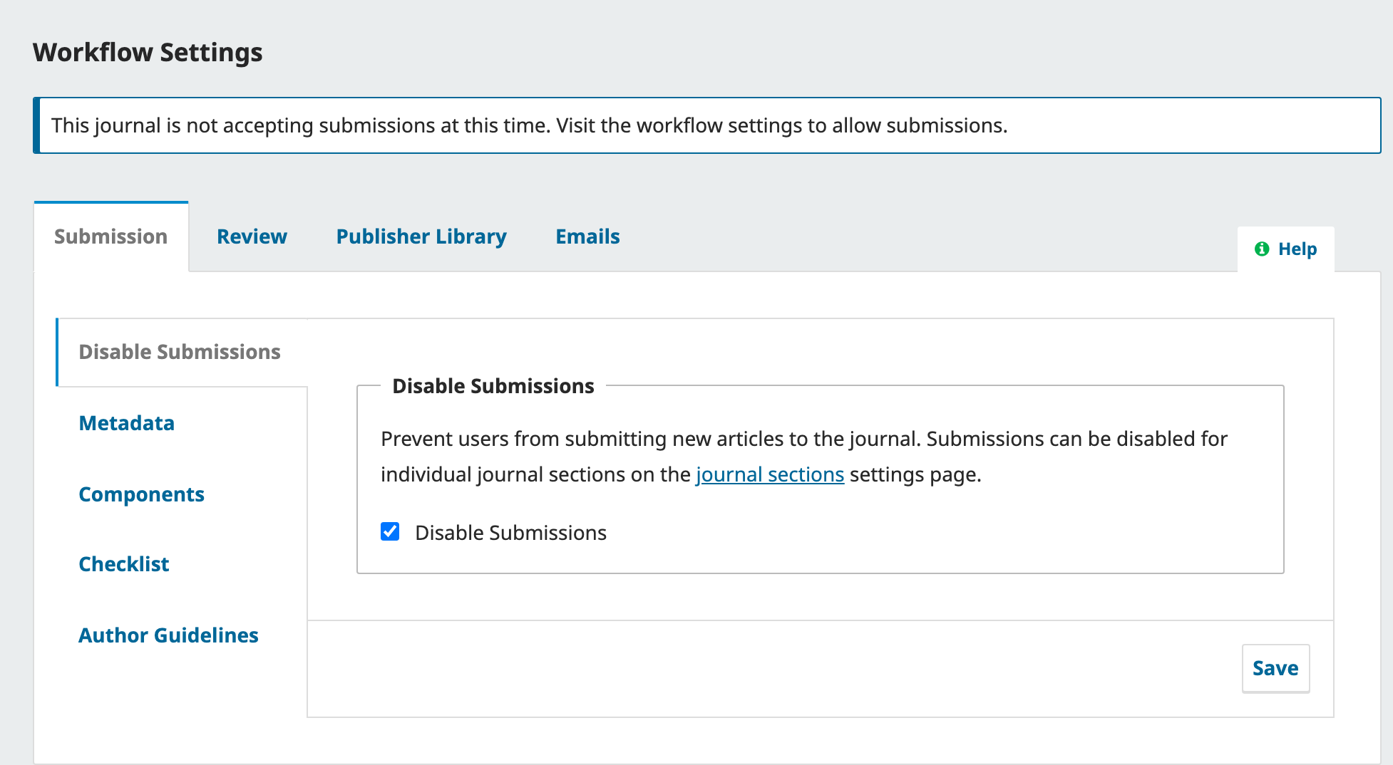 OJS 3.3 notice about the journal not accepting submissions.