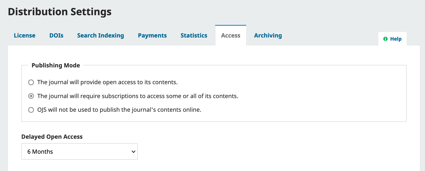 Distribution settings access tab showing publishing mode and delayed open access options.