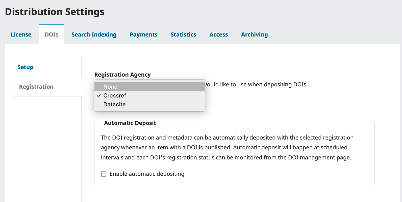 Distribution settings DOI Registration tab showing option to choose DOI registrar and enter credentials.