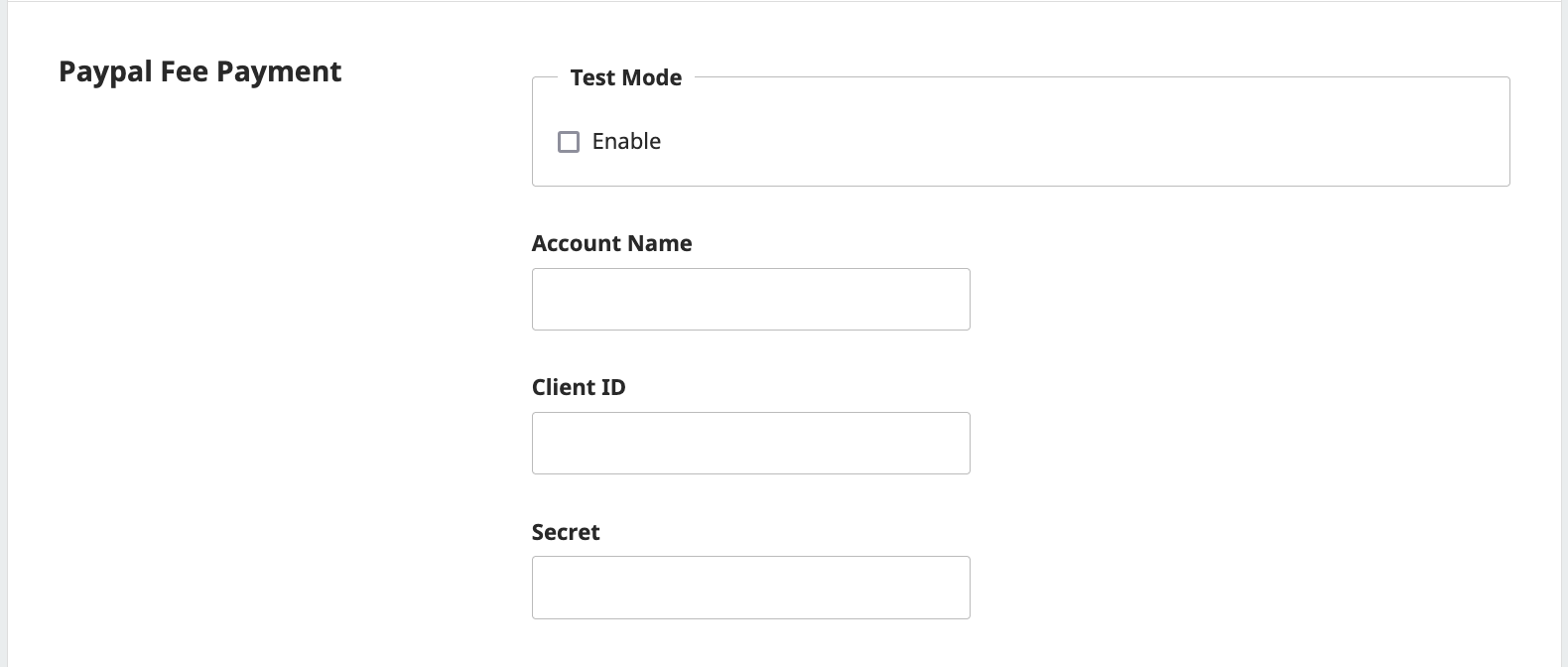 Paypal fee payment screen showing test mode enable option, account name, client ID and secret fields.