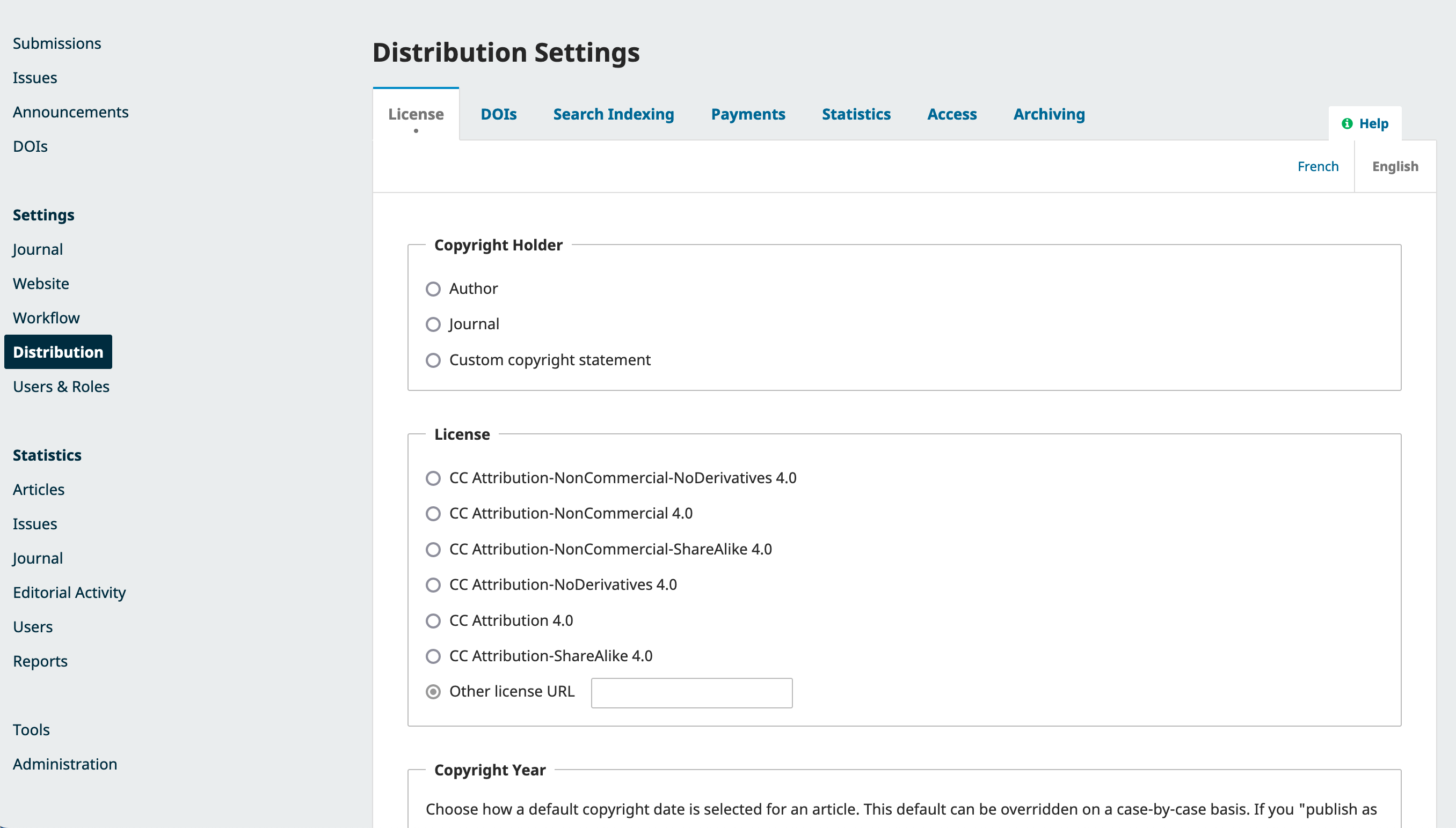 Distribution settings license tab showing copyright holder, license and copyright year options.