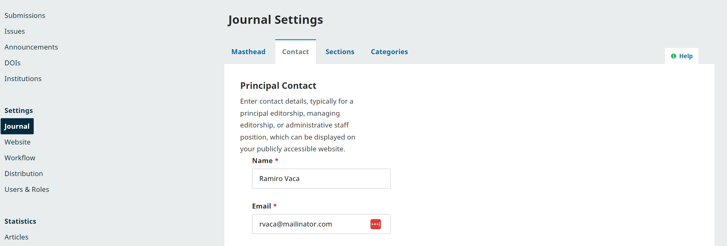 OJS dashboard view of Journal Settings submenu Contact where information can be added in text fields.