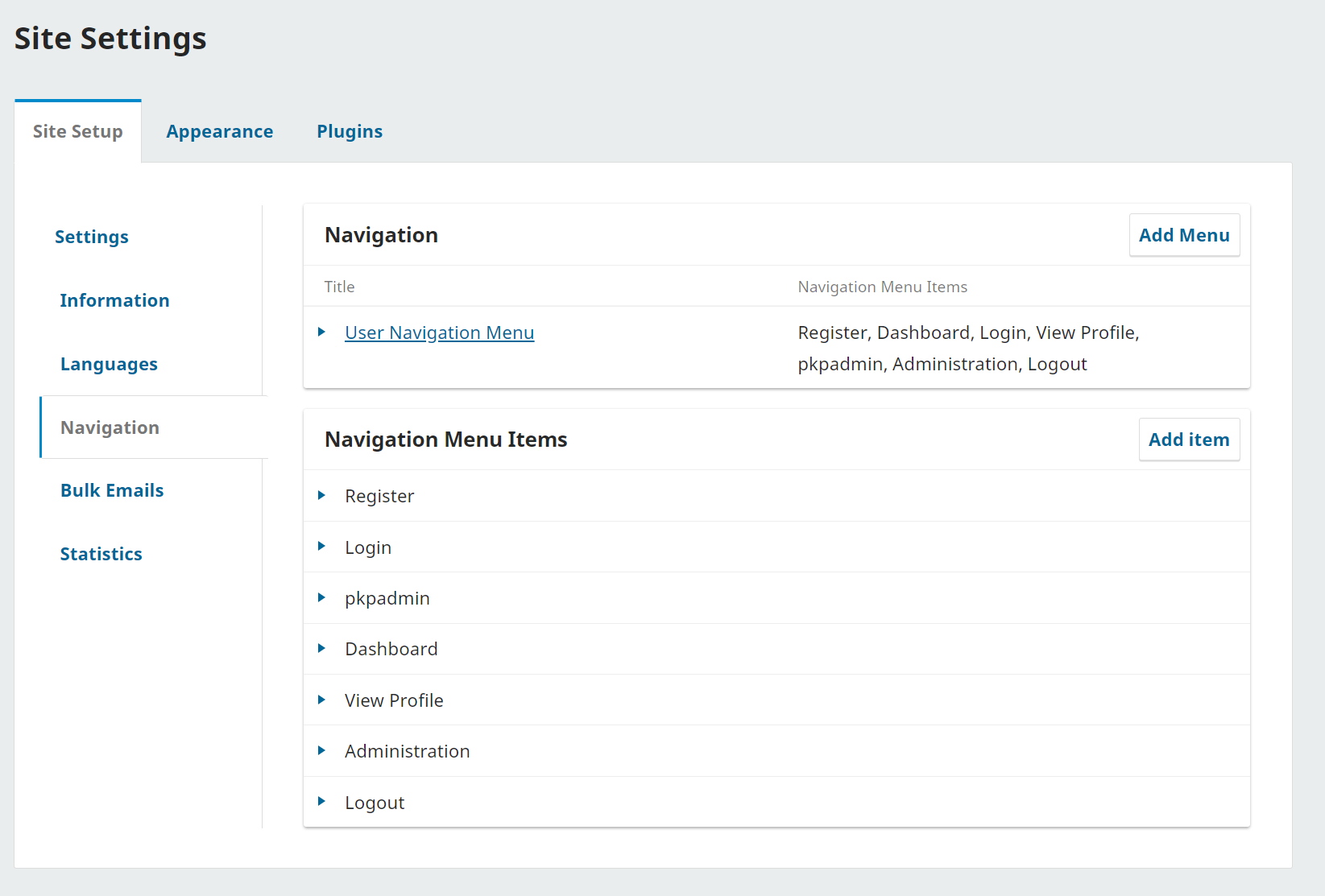 OJS admin menu with navigation menus tab selected.