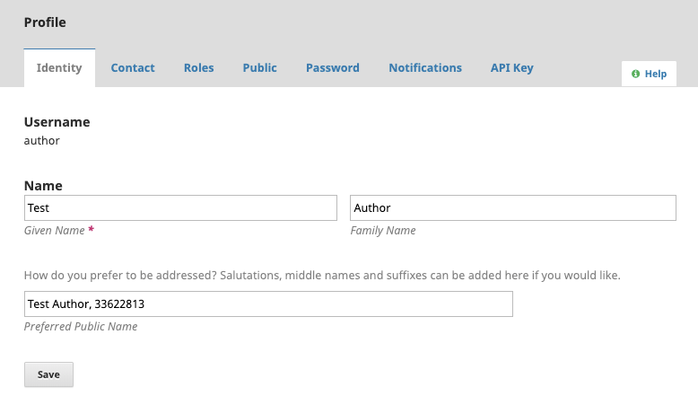 The Identity tab under profile settings in OMP with sample information.