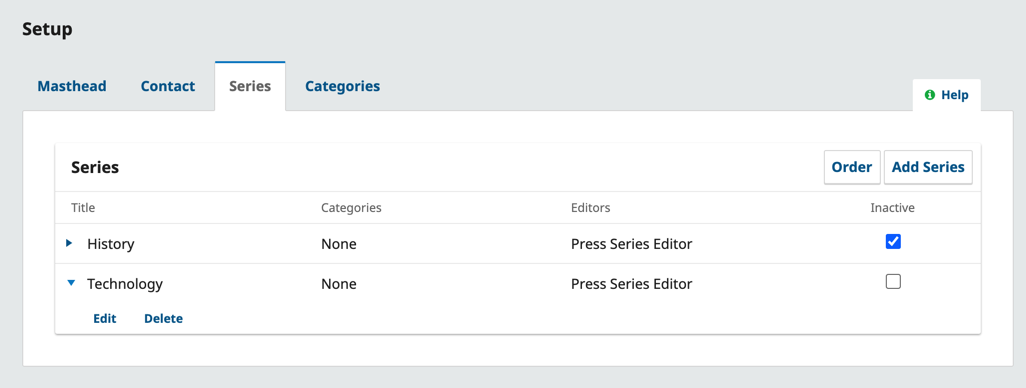 The expanded edit options menu under a series.