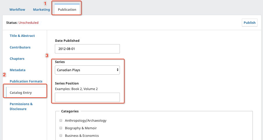 The series selection dropdown and series position entry field location under Catalog Entry in the Publication tab.