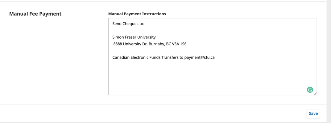 Sample manual payment instructions entered in the settings screen.