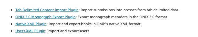 The list of import and export tools in OMP.